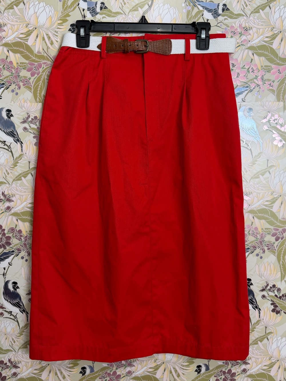 Chaus Bright Red Pencil Skirt with White Woven Belt and Brown Buckle